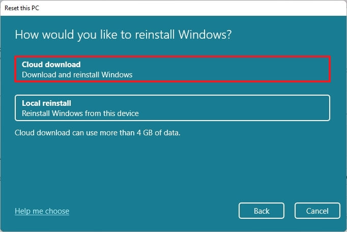 Windows 11 reset with Cloud download